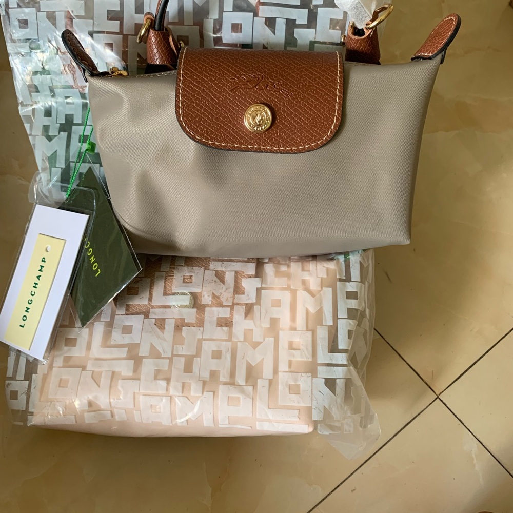 Longchamp Taupe Nylon Crossbody with Brown Leather Trim and Gold Hardware